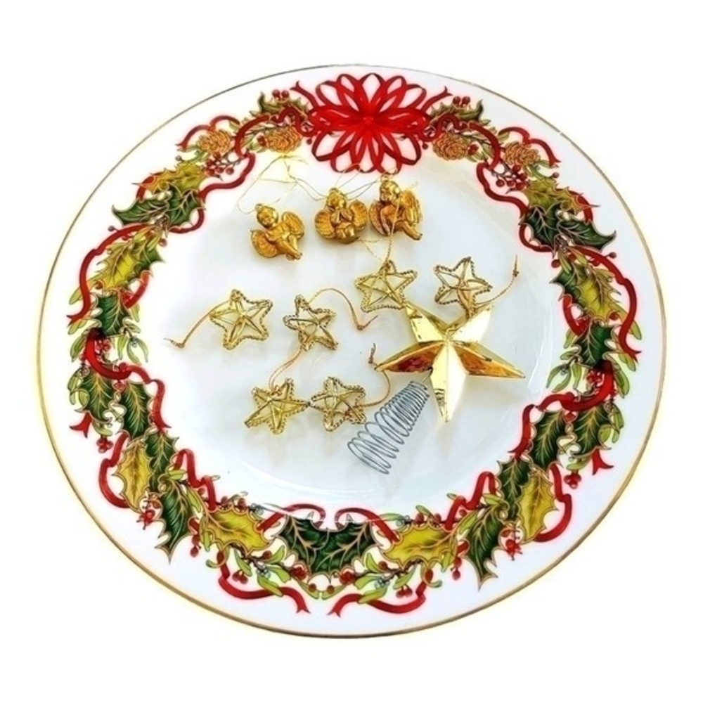 Vintage Gold Tone Christmas Ornaments Set 9 Enamel Angels Stars Tree Topper 2"